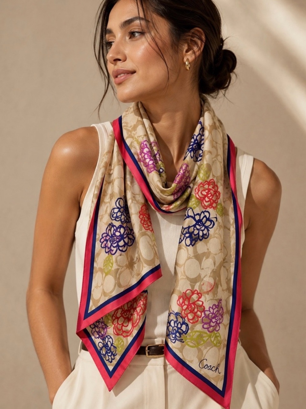 Coach Signature C Pattern & Floral Bloom Oblong Silk Scarf, Pink, Purple, & Blue
